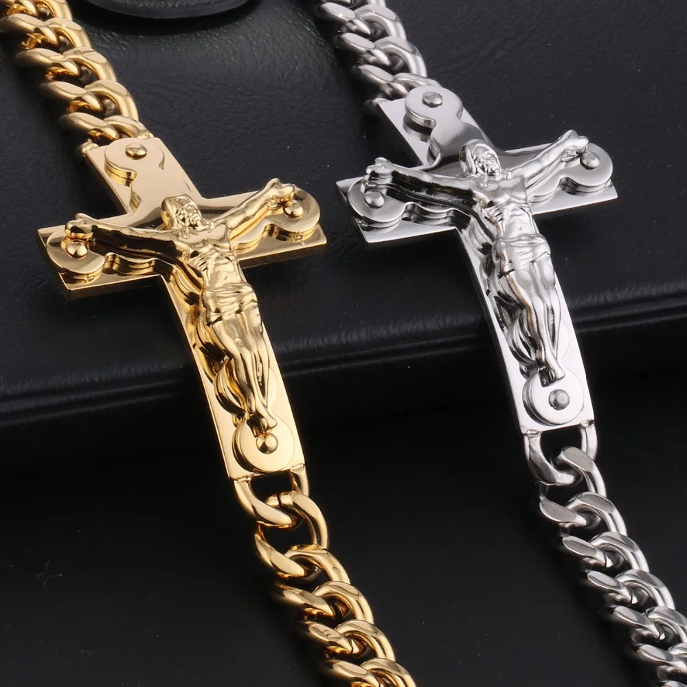Золотые, серебряные, цветные, нержавеющая сталь, браслеты-манжеты для мужчин, Крест Иисуса, звенья цепи, металлические, религиозные, распятие, ювелирные изделия MN01