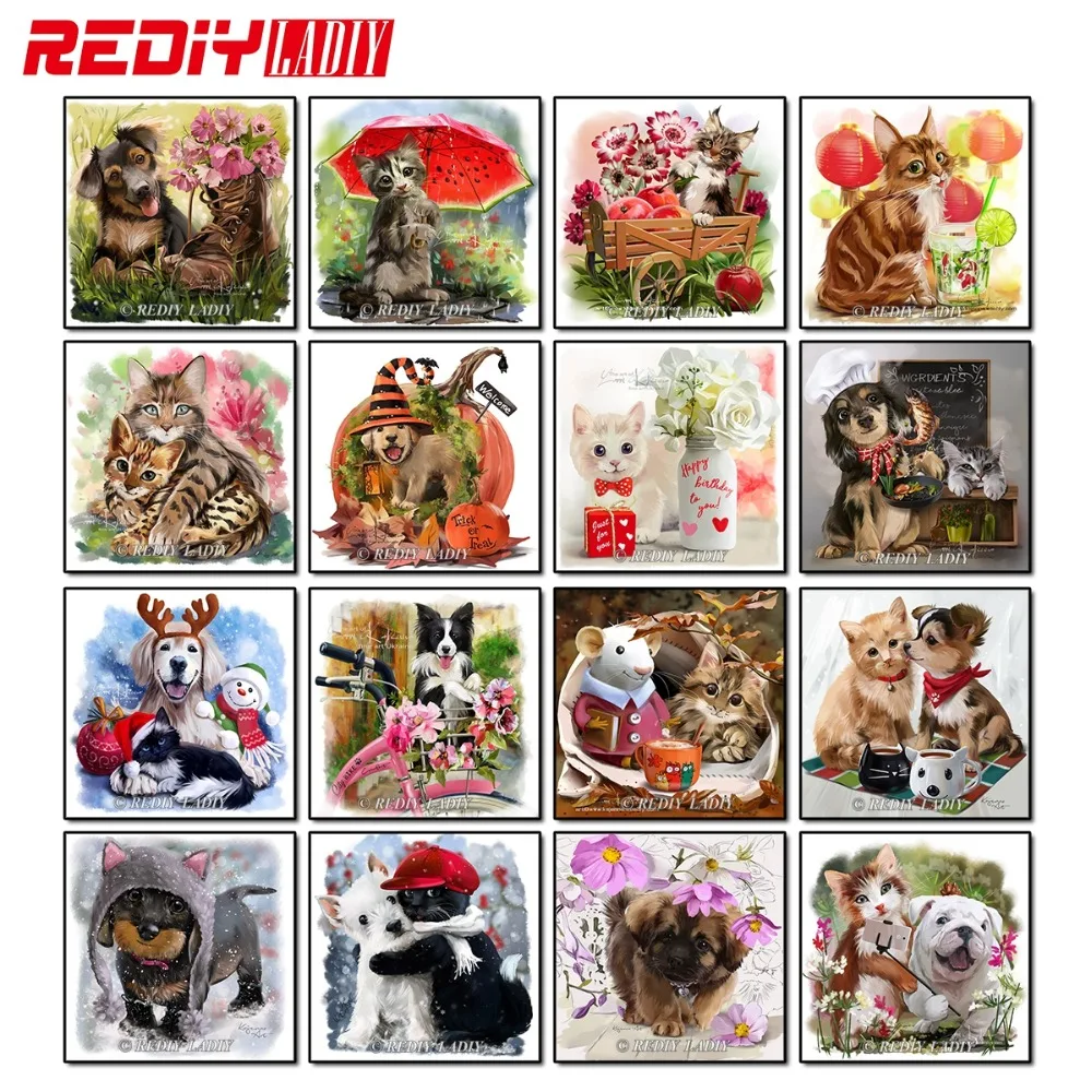 -1   REDIY LADIY Diamond Embroidery Beaded Dogs and Cats Crystal Diamond Painting Cross Stitch Needlework Full Diamond Mosaic Pattern