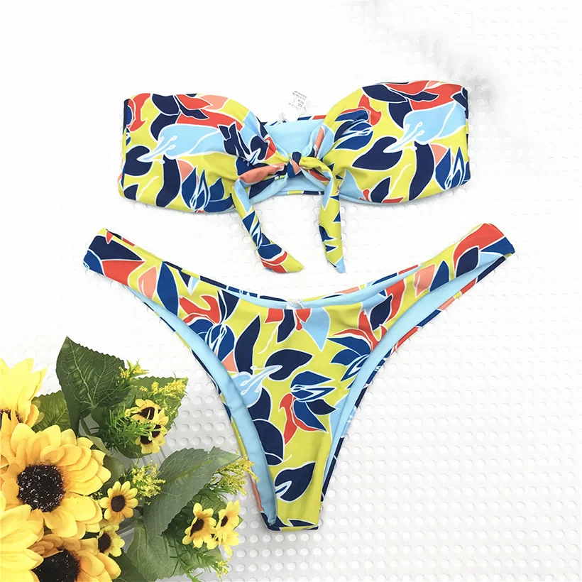 Bandeau Swimwear Women Floral Off Shoulder Bikini Tied Swimsuit Bow