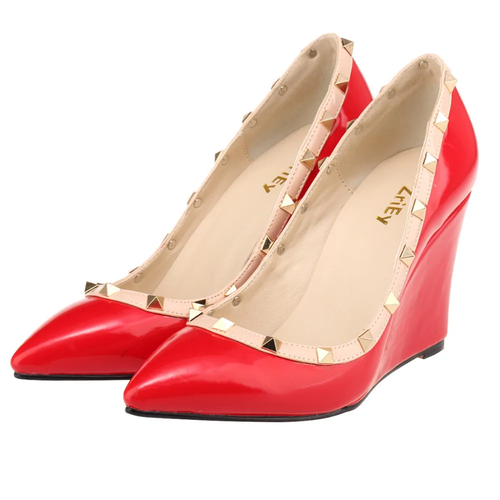 

Women's Pumps Pointed Toe Rivets High Heel Wedges Female Patent Leather Shoes Pumps Size 35-42 852-1PA