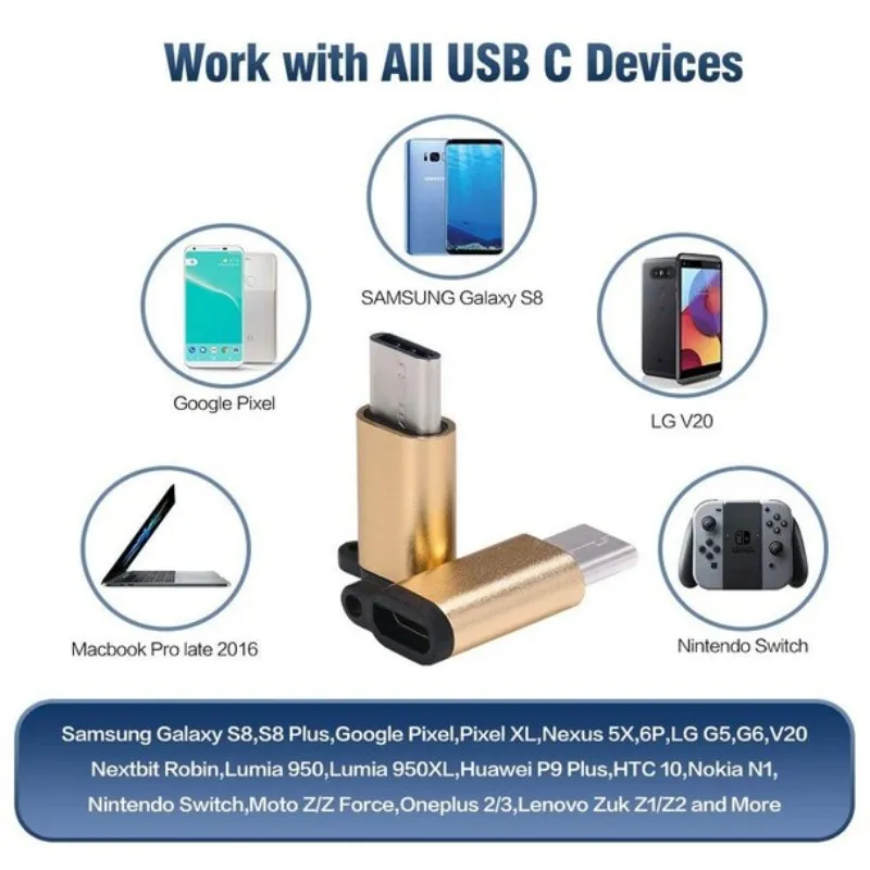 2 шт. USB Type C адаптеры штекера к микро usb разъему с брелком для синхронизации