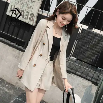 

2019 Formal Two Piece Set Women Shorts Suits Notched Collar Blazer Double Breast Jacket Pant Pocket High quality Hot SaleS95508Z