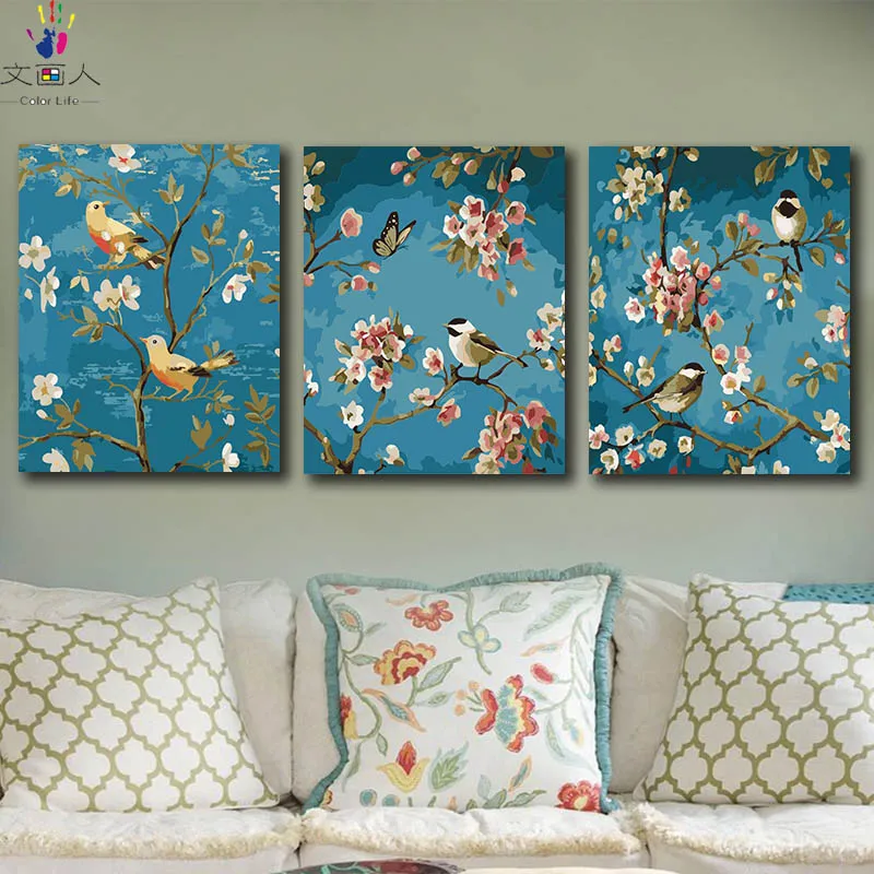 

DIY colorings pictures by numbers with colors Birds and flowers picture drawing painting by numbers home decor three pieces
