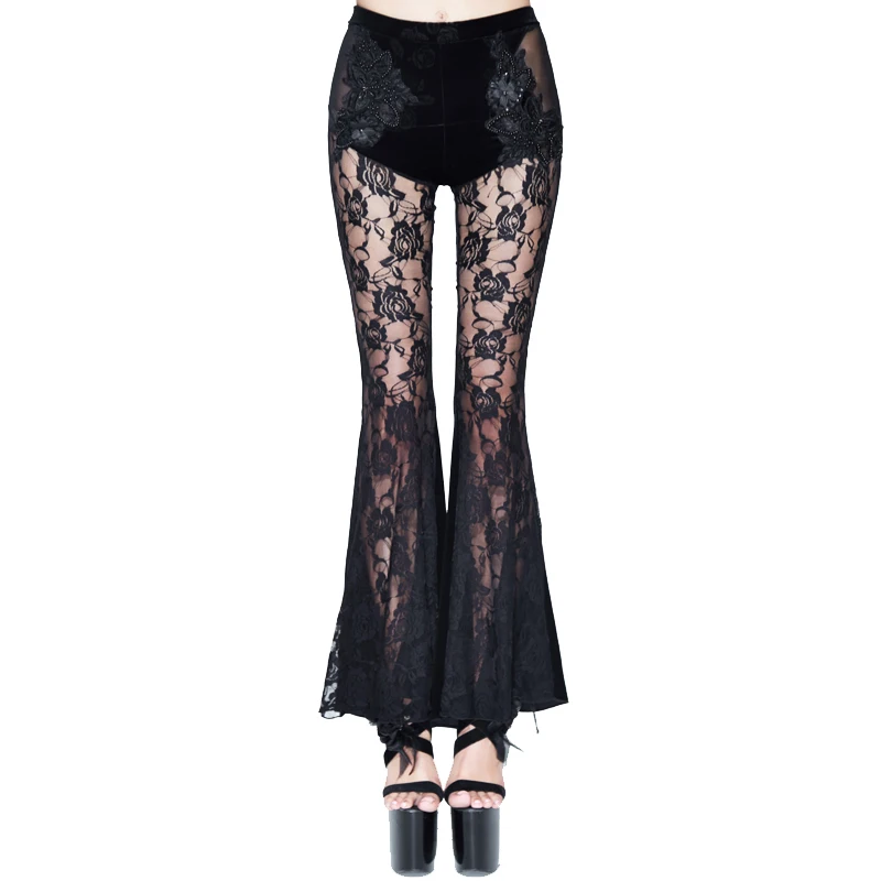 De Lady Ver Black Encaje 2018 Eva Sexy Pantalones A Nuevo Través Long Elástico Gótico Cintura Negro Alta Señora Flare 6XBxqX1S