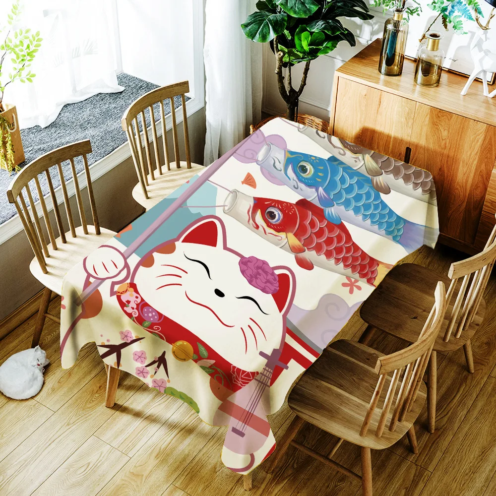 

Cartoon Lucky Cat and Fish Printing Tablecloth Japanese Style Polyester Waterproof Table Cloth for Wedding Party Table Cover