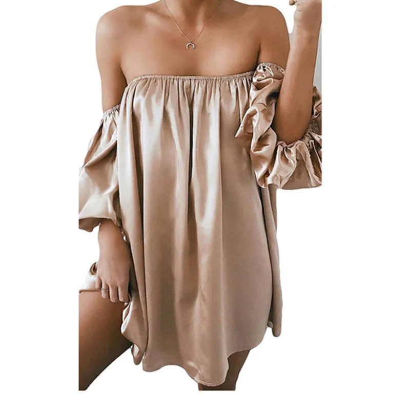 

Fashion Womens Ladies Summer Off Shoulder Loose Casual Dress Blouse Ladies Women Summer Satin Mini Dresses Clothing F3