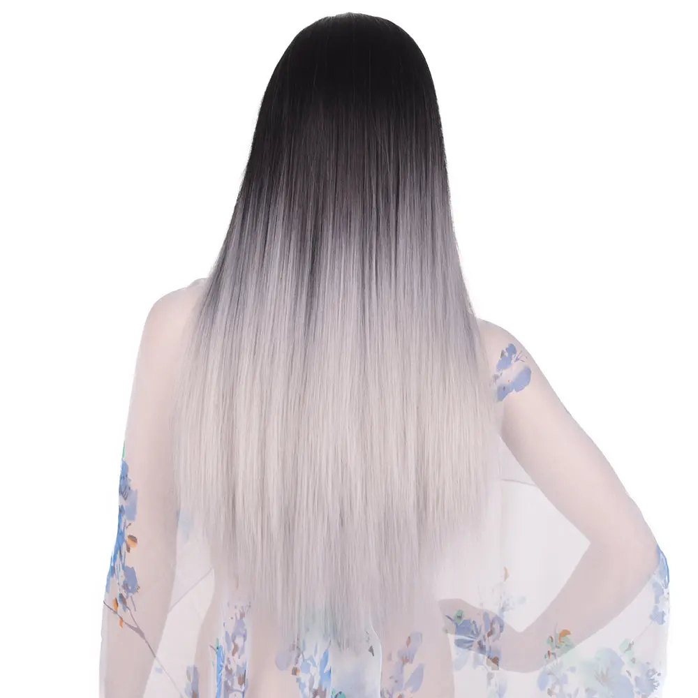 Feilimei Ombre Grey Wig Синтетическое японское волокно 60см 280г Длинные прямые штаны Черные серые парики для женщин Наращивание волос - Цвет: ombre silver