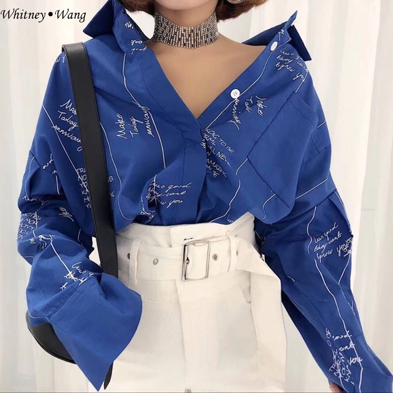 

WHITNEY WANG 2018 Spring Fashion Streetwear BF Style Oversize Letters blouse Women Blusas Casual Shirt femininas Tops