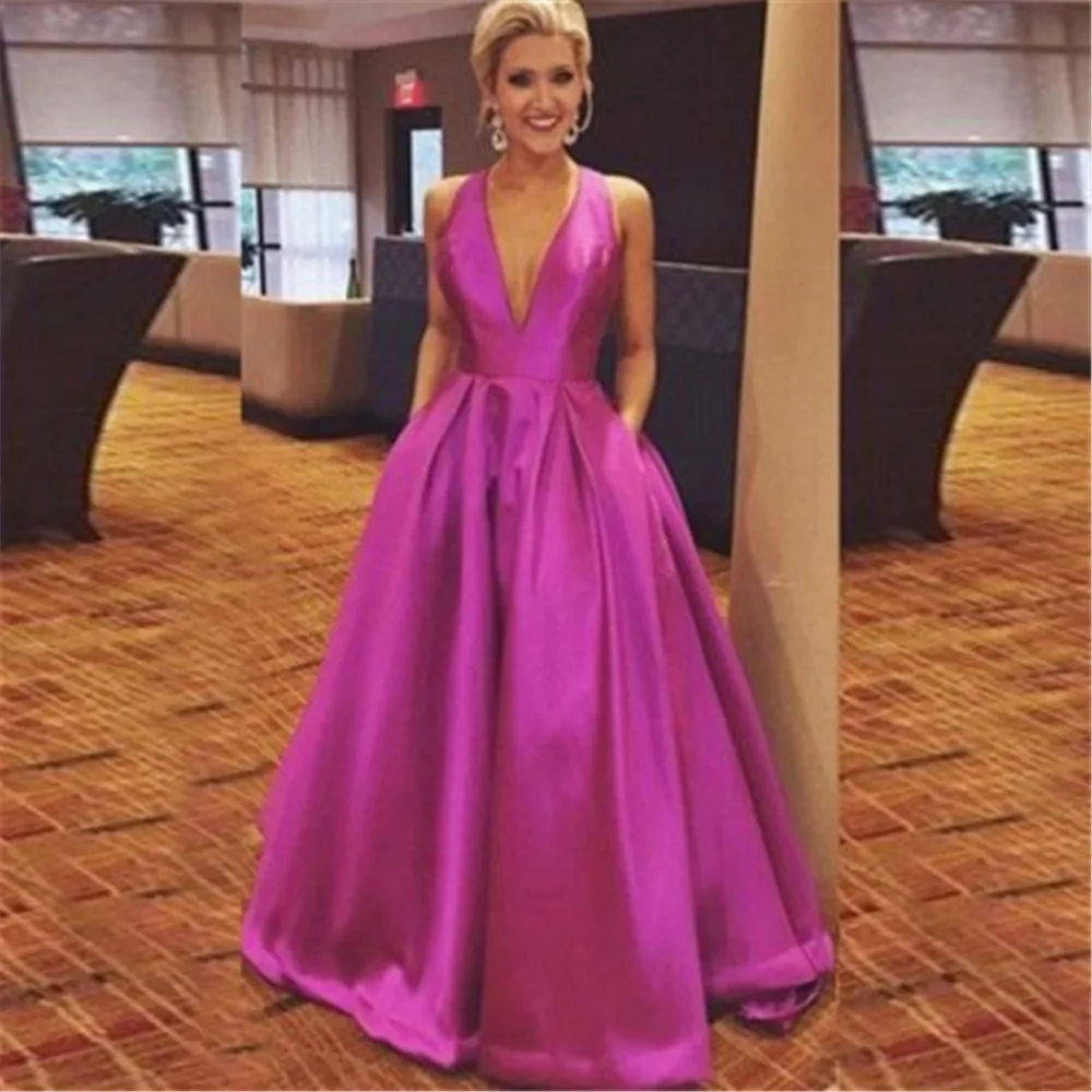 

2019 Satin V Neck Evening Dresses 2019 A-line Evening Gowns Long Formal Evening Dress With Bow Styles Women Prom Gowns