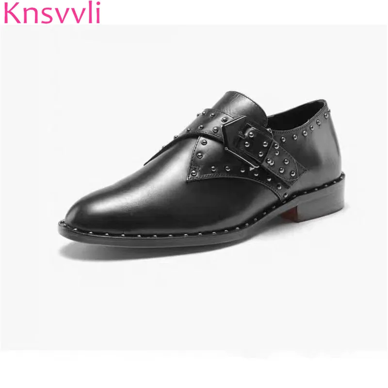 

Knsvvli Runway Silver Rivets Studded Flat Shoes Woman Round Toe Black White Buckle Strap Genuine Leather Punk Shoes Feminina