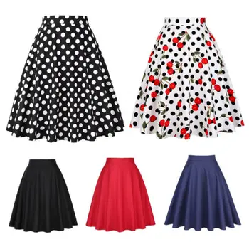 

Women Cherry Dot Print High Waist Wrap Ladies Midi Skirt Loose Club Retro Party Casual Pleated Skirts