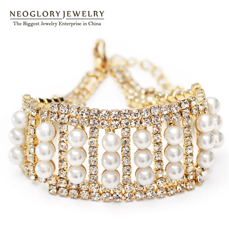 

Neoglory Light Yellow Gold Color Full of Czech Rhinestone Simulated Pearl Bangles & Bracelets For Women Jewelry 2018 PE1 SQC