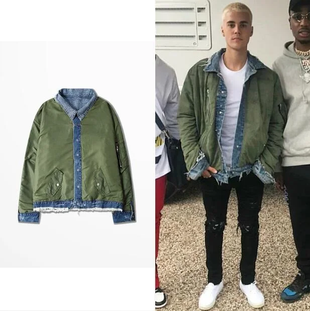 Reversible MA1 Bomber Jacket Justin Bieber style Reversible Pilot
Flight coat Denim jeans and Army Green Outerwear Men and women