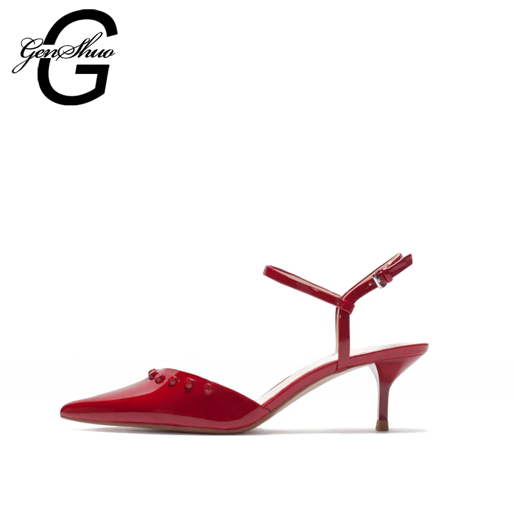 

GENSHUO New Women's Evening Dress Low Heel Ankle Strap Sandals Pointed Toe Wedding Pumps Shoes 2017 Kitten Heels Shoes