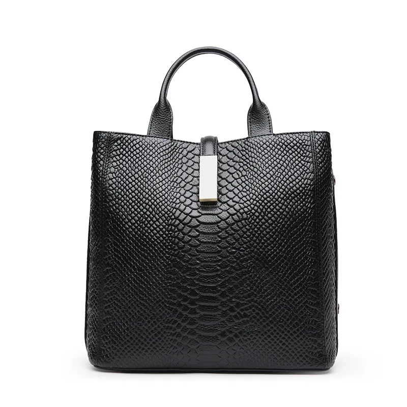 Роскошная Высококачественная женская сумка из натуральной кожи с тиснением головы крокодила, сумка из воловьей кожи, Большая вместительная сумка на плечо - Цвет: Черный