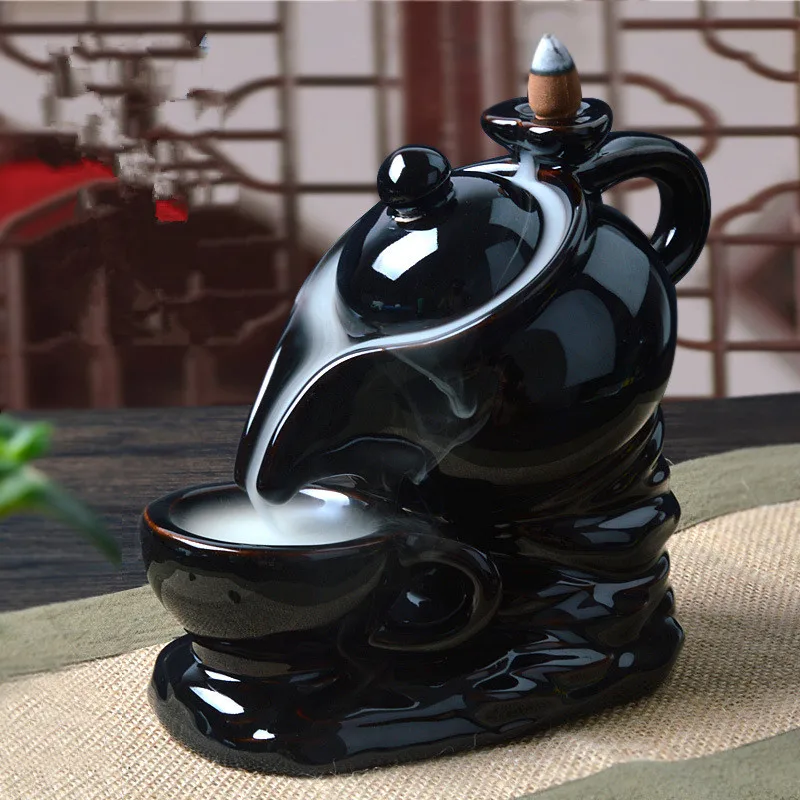 Black Ceramics Incense Burner Holder Backflow Censer Cone Tower Incense