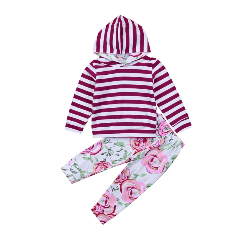 2PCs Toddler Kids Cute Baby Girl Clothes Cotton Striped Hoodies Outfit Set T Shirt Tops Blouse