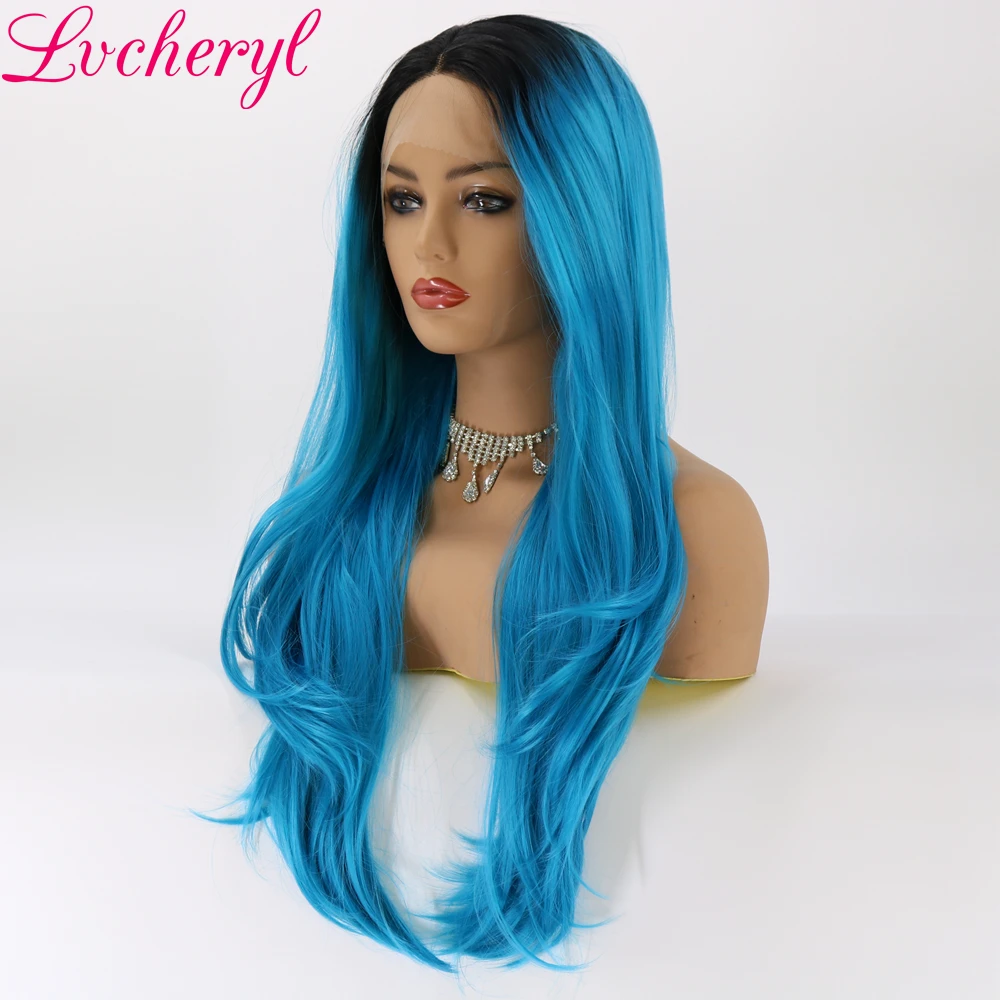 Lvcheryl Омбре синие черные корни бесклеевая Высокая температура волокна волос парики натуральные длинные волнистые синтетические кружева спереди парик для женщин
