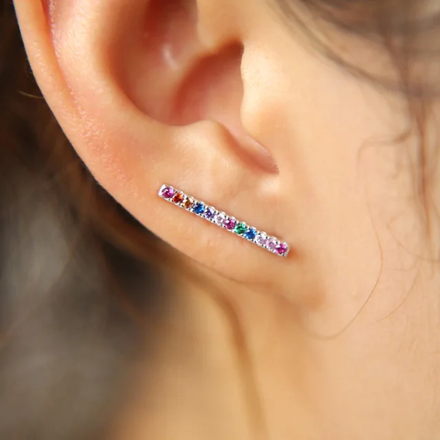 Simple Design Real 925 Sterling Silver Bar Earrings Thin Tiny Line Simple Design Real 925 Sterling Silver Bar Earrings Thin Tiny Line Stud Rainbow Cz Minimalist