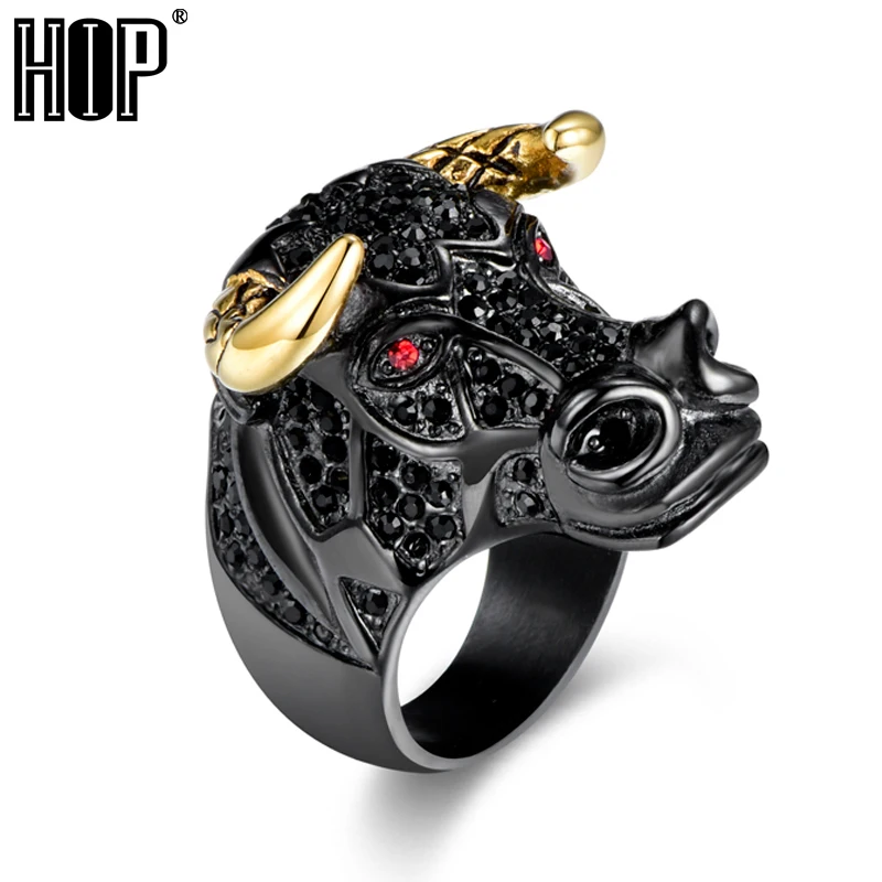 Хип-хоп микро проложенные стразы кольцо в виде Головы Быка черный/золотой цвет 316L нержавеющая сталь Тау кольца мужские рок-рэпер ювелирные изделия