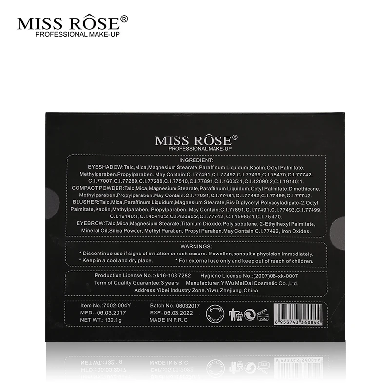 Miss Rose Профессиональный 190 цветов палитра для макияжа матовые и мерцающие тени для век+ Prower+ румяна+ макияж для бровей с косметическими кистями