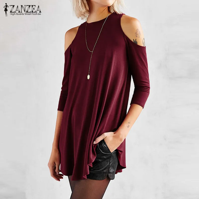 

ZANZEA Women 2016 Sexy Blusas Casual Loose O Neck Half Sleeve Long Blouses Tops Irregular Off Shoulder Solid Shirts Plus Size