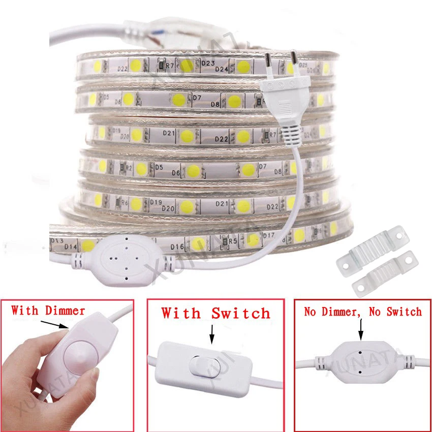

AC 220V LED Strip SMD5050 with On/off Switch Dimmer EU plug 60leds/m tube Waterproof Flexible LED Tape light Ribbon Warm White