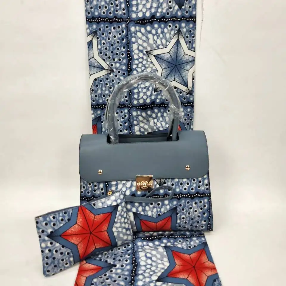 

6Yards Most popular gray background hollandais wax fabric printed red stars pattern african big handbag set for party VB26