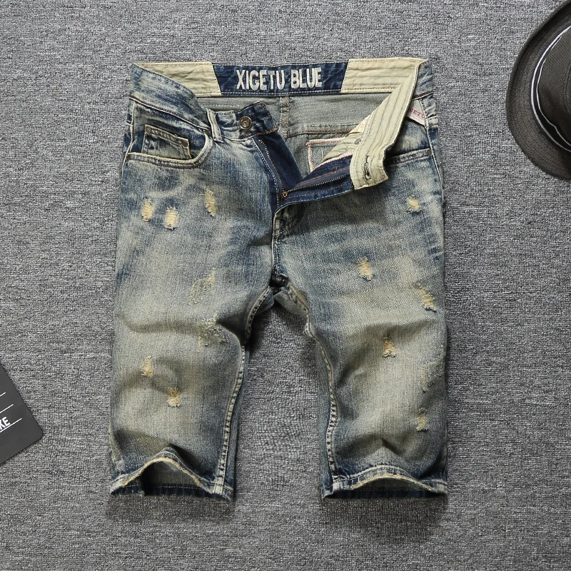 

Italian Style Fashion Men Jeans Shorts Retro Wash Summer Streetwear Casual Hip Hop Denim Shorts Vintage Ripped Short Jeans Men