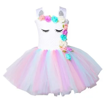 

Girl Kids Flower Birthday Party Dress For Kids Pastel Unicorn Tutu Dress Girls Cosplay Rainbow Dress Christmas Halloween Costume