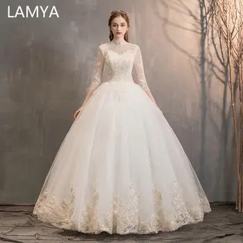 

LAMYA High Neck Embroidery Wedding Dress With Three Quarter 2019 Bridal Gown Princess Elegant Vestido De Noiva Bride gelinlik