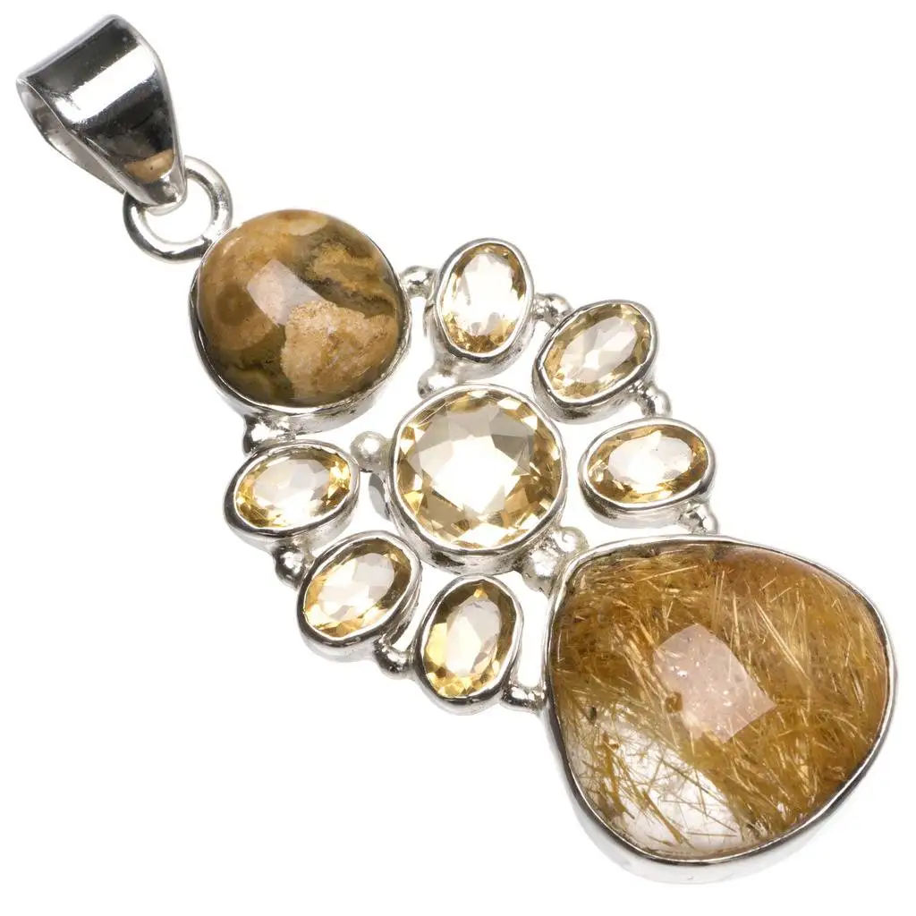 

Natural Rutilated Quartz,Citrine and Ocean Jasper Boho 925 Sterling Silver Pendant 2 1/4" T0109