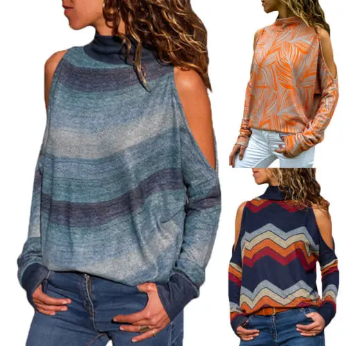 

Ladies Loose Casual Turtleneck T-Shirt Women Autumn Off-Shoulder Long Sleeve Loose Pullover Top