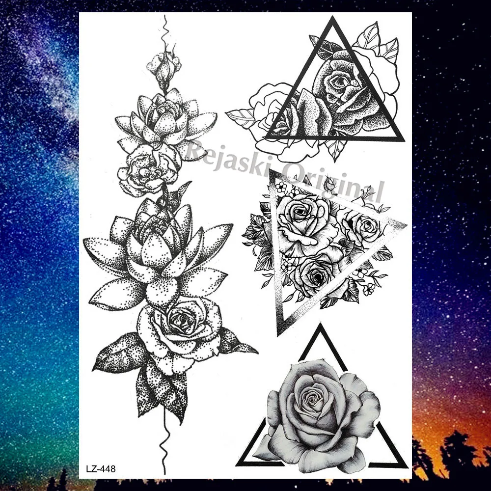 REJASKI Lotus triangle Временные татуировки стикеры геометрические розы лист цветок реалистичные татуировки боди-арт рука фальшивые татуировки лист - Цвет: PLZ448