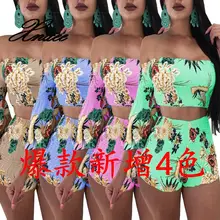 2019 women's hot sale fashion print one shoulder trumpet sleeve two-piece mesh shoulder trumpet sleeve top