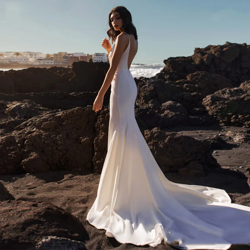 ^Cheap Kant Zeemeermin Trouwjurk 2019 Nieuwe Bruidsjurk Bruid Jurk Hof Trein Robe De Mariee Simlple Soft Satin Vestido De noiva