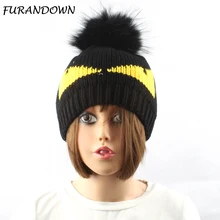Зимняя женская вязаная шапка куполообразная настоящий помпон из меха енота шляпа мультфильм дьявол узорчатые вязаные шапки для женщин