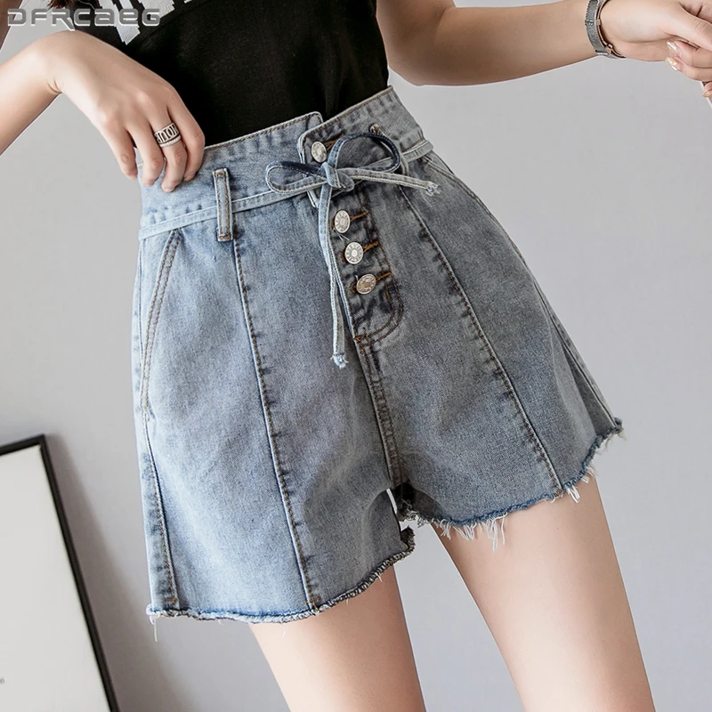 

Summer High Waist Denim Shorts Women Loose Wide Leg Short Jeans Drawstring Single Breasted Short Femme Fringe Bow Ladies Shorts