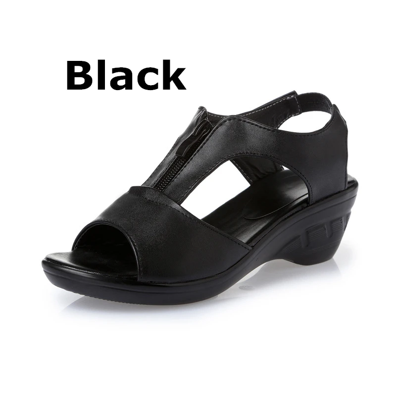DONGNANFENG/женские сандалии для пожилых женщин; летние пляжные сандалии из натуральной коровьей кожи на молнии; Размеры 35-43; PGP-1153 - Цвет: black