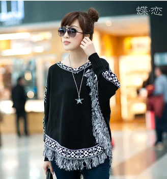 

free shipping pull femme 2016 new Korean loose plus size V-neck bat sleeve poncho Tassels printed flower knitted sweater shawl