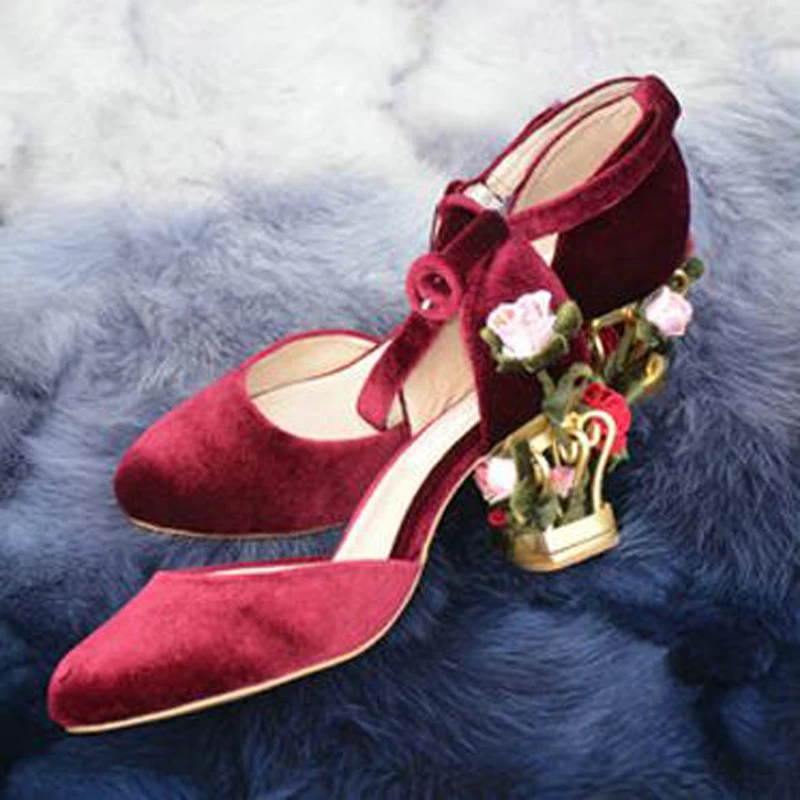 

Ornate cage flowers metal high heels suede leather rose decorated pumps buckle strappy fretwork heels women wedding shoes