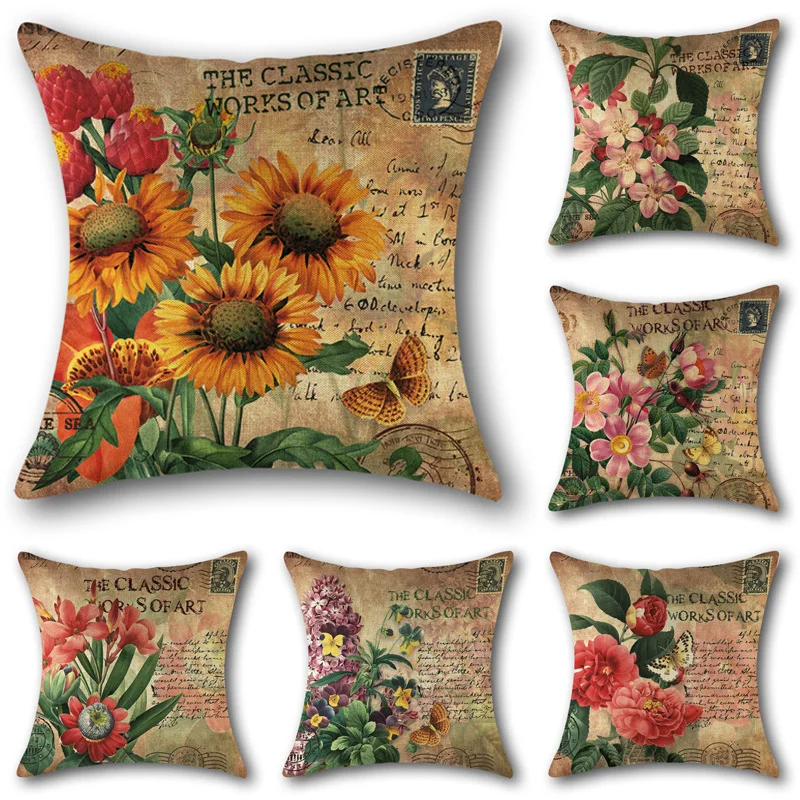 cheap 45x45 Cm Square Vintage Classic Warm Flowers Poster Sofa Cushion Cover Cotton A Linen Home Decor Retro Throw Pillow Cover
