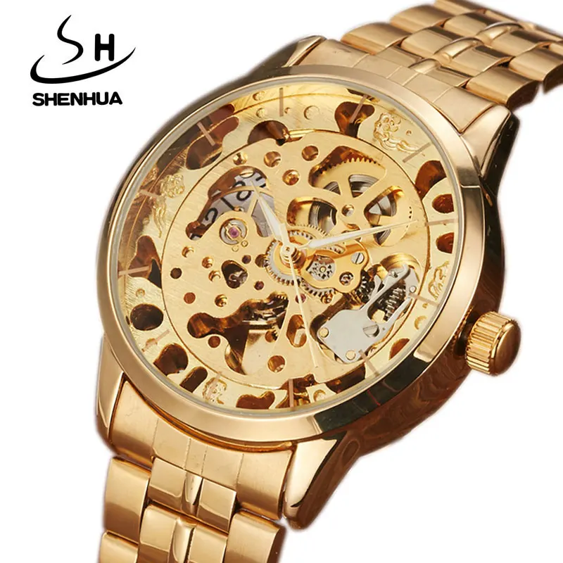 SHENHUA Роскошные полностью стальные золотые автоматические механические часы мужские брендовые Серебряный Скелет аналоговые часы мужские Relogio Mascualino
