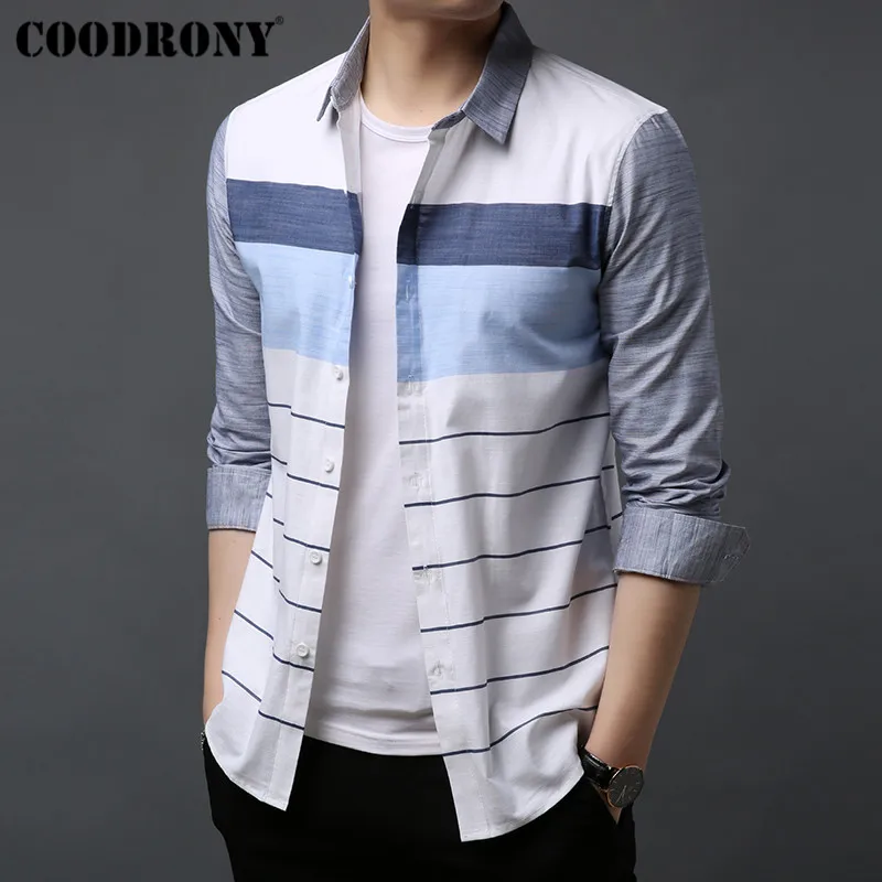 

COODRONY Men Shirt Streetwear Fashion Striped Casual Shirts 100% Cotton Shirt Men 2019 Autumn Long Sleeve Camisa Masculina 96039