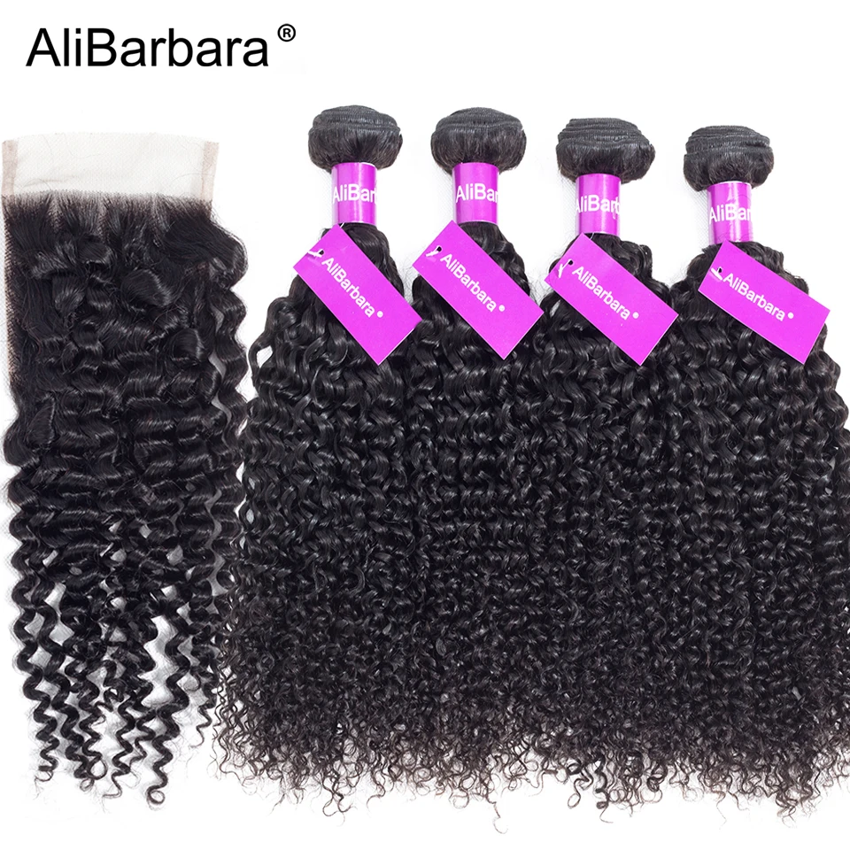 AliBarbara Hair Brazilian Kinky Curly Hair 4 Bundles with Closure 4X4 Swiss Lace Nature 1B Remy Human Hair Weave Extension 12-28