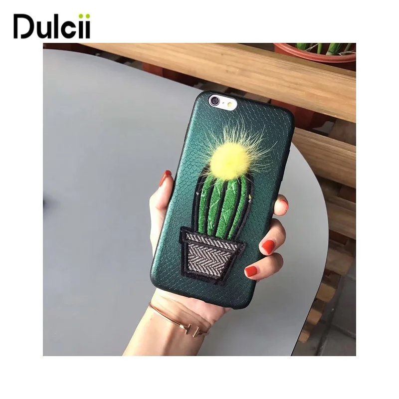 Dulcii For iPhone 6s 6 7 Case Embroidery Design Leather Coated TPU Cover for Plus/8 Plus / - Green Cactus |