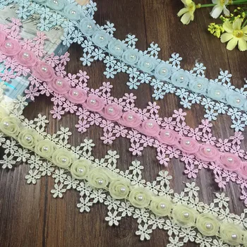 

3d flower pearl beaded lace trim sew on lace Beaded pearl trims Braid lace aplique Diy dress clothes