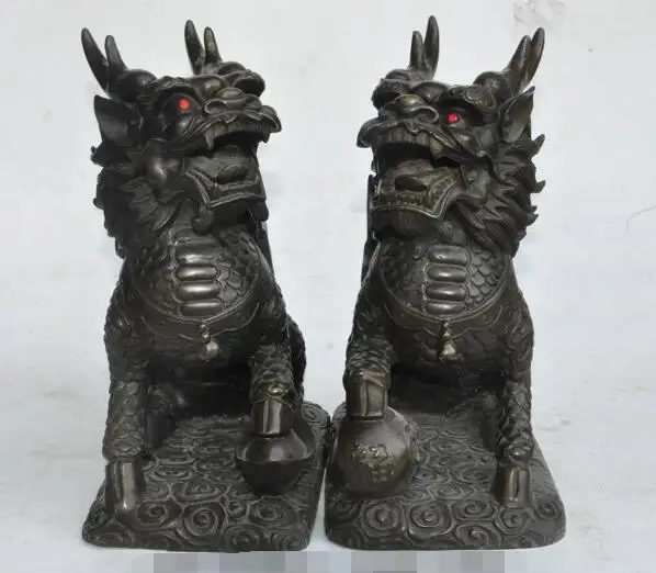 

S6521 11" chinese bronze fengshui wealth yuanbao bat Kirin Unicorn Kylin beast statue D0318