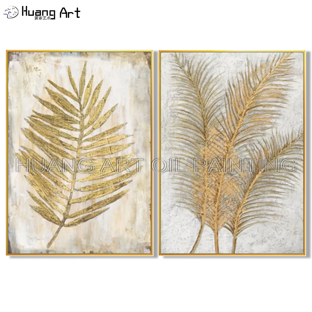 

New Arrivals Hand-painted Golden Leaves Oil Painting on Canvas for Living Room Decor Modern Gold Leaf Still Life Oil Painting