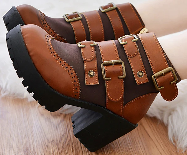 new brand autumn winter women leather ankle boots high heels platform shoes buckle free shipping